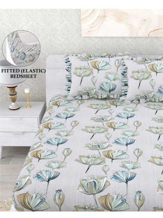 Image of 380 TC Premium Glace Cotton Elastic Fitted Bedsheet King Size with 2 Pillow Covers King Size | Double Bed with All Around Elastic (White Floral Print, Fitted - 72 inchx78 inch King)