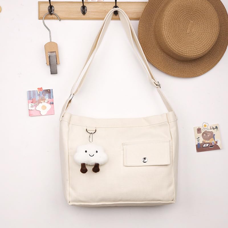 Image of Cotton Tote Handbag Women Canvas Crossbody Beach Bag Hobo Shoulder Tote Bag with 3 External Pocket,Zipper Closure