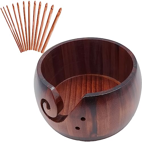 Image of Wooden Yarn Bowl,Yarn Bowl for Knitting Yarn Bowls Crochet Yarn Ball Holder Yarn Storage Bowl for DIY Knitting Crocheting Crochet Kit Organizer,with 12 Pcs Bamboo Crochet Hooks (No-Lid Dark Wood)