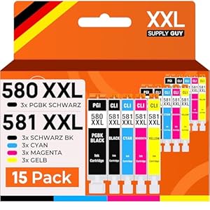 Supply Guy 580XXL 581XXL Druckerpatronen kompatibel mit Canon PGI-580 CLI-581 Patronen passend für Pixma TS705 TS705a TS6350 TS6350a TS6351 TS6351a TS6300 TR8550 TS9550 Multipack 15 Tintenpatronen