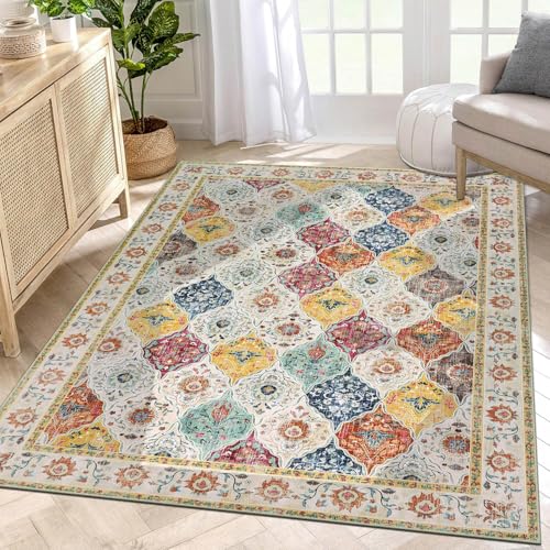 SHACOS Boho Teppich Wohnzimmer 90x150 cm Kurzflor Waschbarer Teppich Schlafzimmer Weich Vintage Wohnzimmerteppich rutschfest Teppiche für Kinderzimmer, Esszimmer, Bunt SHACOS Boho Teppich Wohnzimmer 90x150 cm Kurzflor Waschbarer Teppich Schlafzimmer Weich Vintage Wohnzimmerteppich rutschfest Teppiche für Kinderzimmer, Esszimmer, Bunt