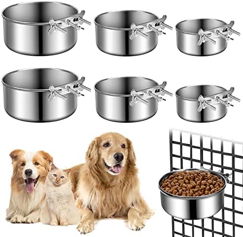 EBIYO 6 Pack Kennel Bowl Hanging Pet Bowls for Multiple Pets Cage Crate Stainless Steel Dog Bowls Water Food Feeder for Medium & Large Dog 3 Sizes (7.08x2.75’’,6.3x2.36’’,5.51x2.16 ‘’) (Silver)