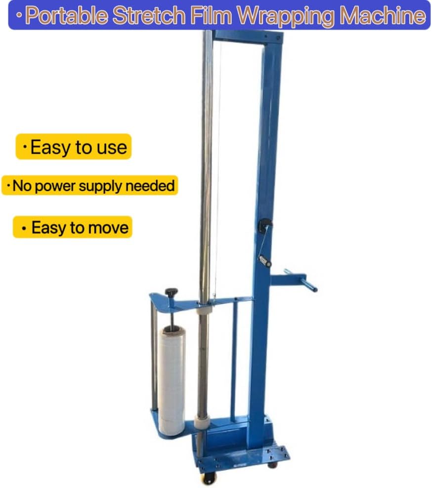 Adjustable Pallet Wrapping Machine with Wheels, Semi-Automatic Stretch Film Dispenser, Liftable up to 76 Inches, Hand-Push Trolley Wrapper for Warehouse & Shipping Use