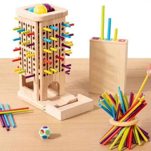Guopai Juego de Mesa Montessori para Niños 3 4 5 6 Años – Torre de Madera con 28 Palitos de Colores, Dados y Bolas – Juguete Educativo Infantil para Habilidades Motoras Finas, Juegos de Mesa Familiar