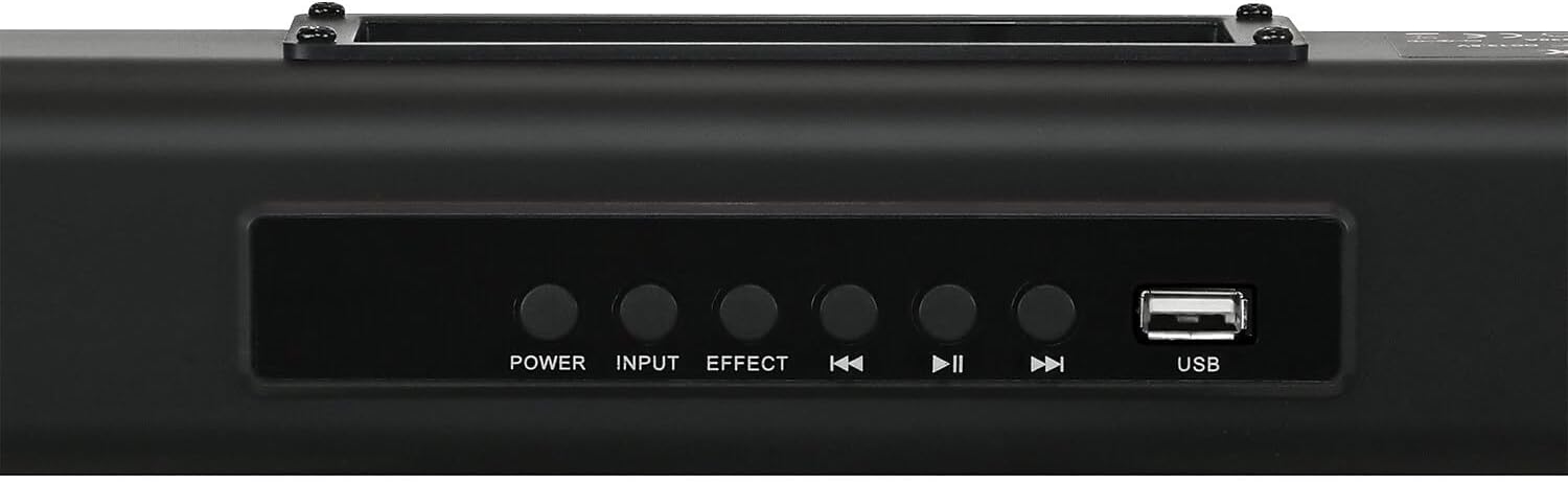 Top panel controls of the QFX SB-2037D soundbar, showing Power, Input, Effect, track skip, play/pause, and USB port.