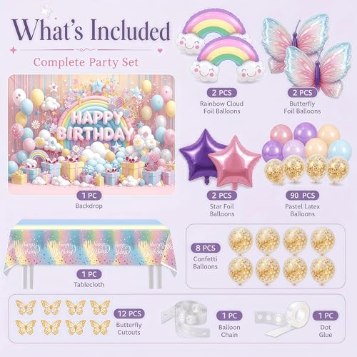 122Pcs Pastel Birthday Decorations Balloon Arch Kit, Rainbow Birthday Decorations Party Supplies with Macaron Balloons, Butterfly Foil Balloons, Tablecloth & Decor for Theme Parties — view 4