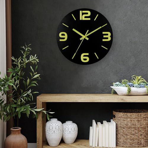 Image of HZDHCLH Wood Wall Clock Glow in The Dark,Luminous Wall Clocks with 3D Numbers,Decorative Wall Clock Battery Operated for Bedroom Kitchen Living Room Office (Black)