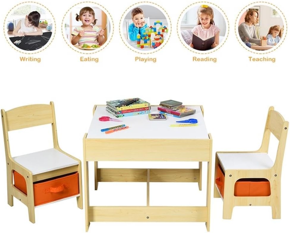 Pemberly Row Kids Table and Chair Set, Natural Finish, MDF Construction, Blackboard and Whiteboard Desktop, Hidden Storage Compartments, Ergonomic Design, Creative and Study Use for Kids Ages 3+