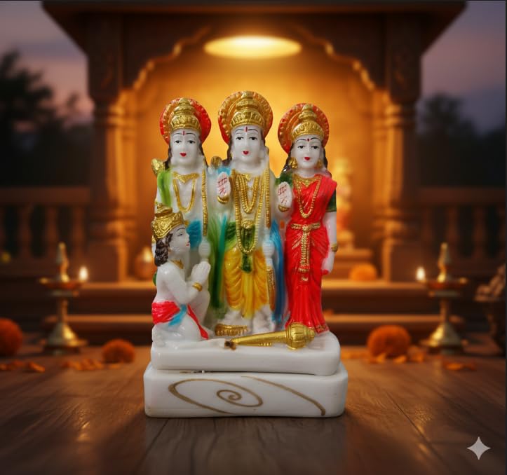 Image of Ram Darbar Idol with Hanuman Small Ram Sita Lakshman Murti Marble Dust Statue for Home Mandir Pooja Decorative Ram Darbar Statue