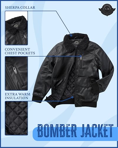 URBAN REPUBLIC Boys' Faux Leather Jacket - Aviator Bomber Outerwear Coat with Sherpa Collar and Chest Pocket (Sizes: 8-20)2