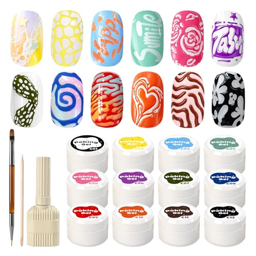 GJYUQHUA 12 Colors Poke Gel Nail Polish Set with Professional Base Gel, Wooden Sticks, File & Brush for Painting Letter Lace Wave Flower Nail Art Diy Design