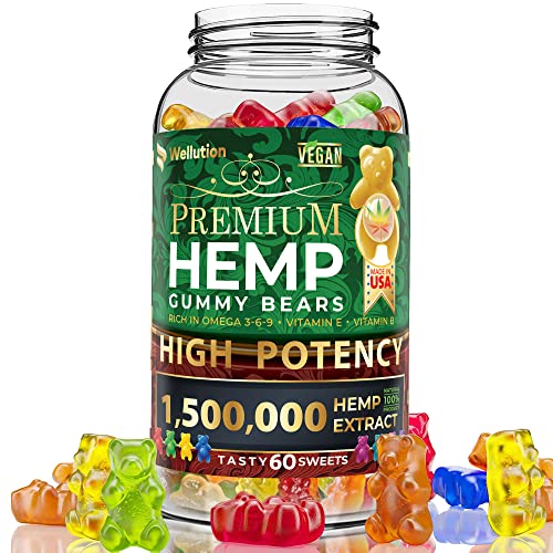 WELLUTION Hemp Gummies High Potency 1 500 000 MCG Natural Fruity Bear for Relaxation and Peace - Fast-Acting - Gluten Free - 60ct