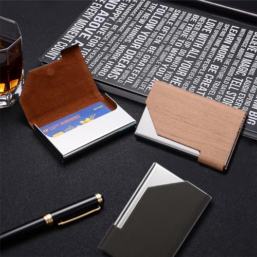 Senbaler 2 Stück Slim Visitenkartenetui Edelstahl,PU-Hülle,Kartenhalter für Damen Herren,Fasst 25 Karten (Holzfarbe)