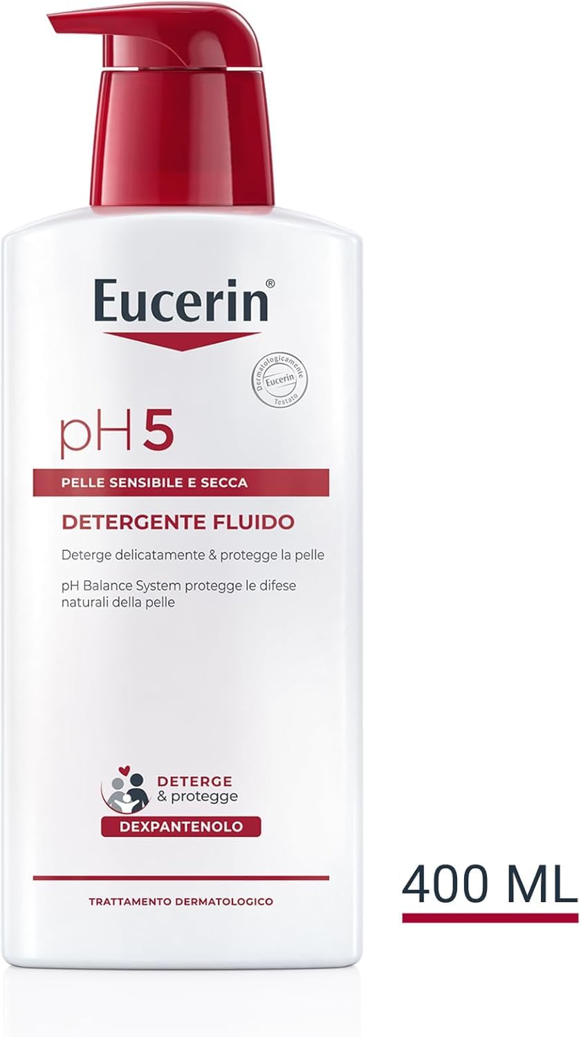 Eucerin pH5 Detergente Fluido 400 ml, Detergente viso e corpo delicato per uso quotidiano e lavaggi frequenti, Bagnoschiuma senza sapone per tutta la famiglia per pelle secca e sensibile