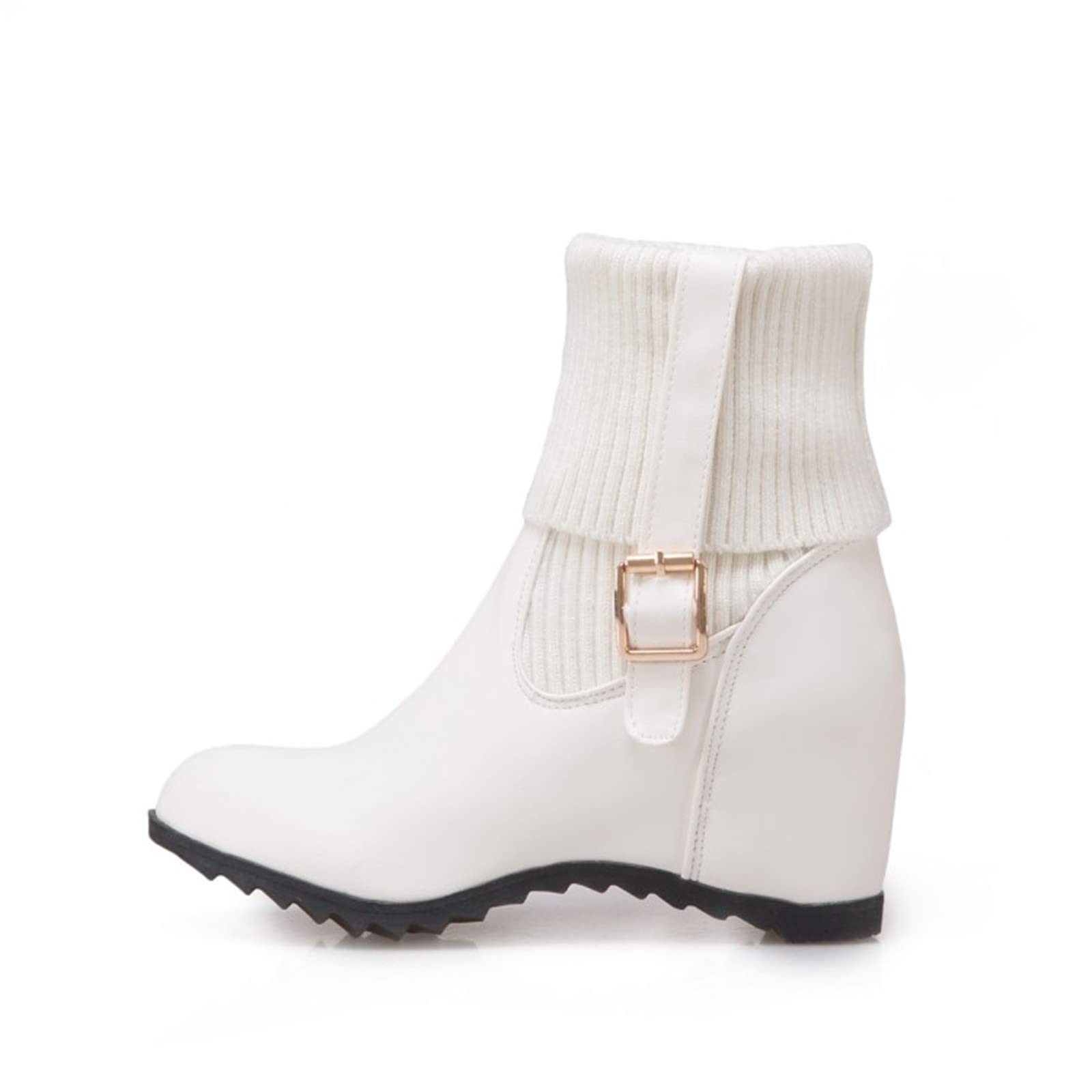 Generisch Botas de equitación de invierno para mujer, color liso, boca de punto, hebilla ajustable, interior elevado, botas de cuña