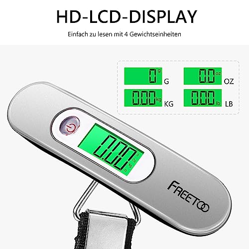 Gepäckwaage FREETOO Digitale Kofferwaage Tragbare Hängewaage LCD-Anzeige mit Hintergrundbeleuchtung Tara-Funktion praktisch für Reisen/Familienleben bis 50KG (Silber) 4