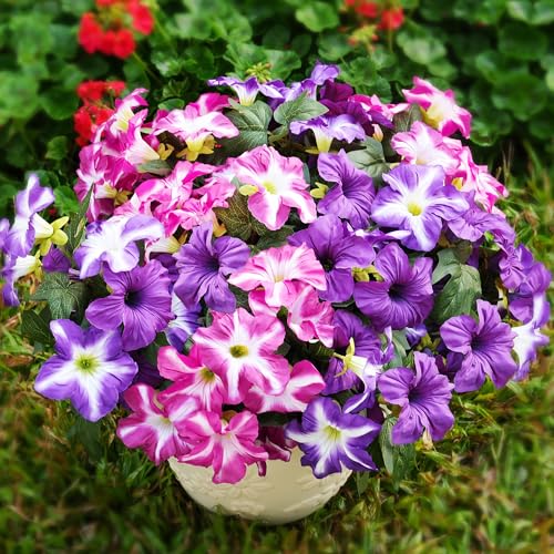 Artificial Fake Flowers Plants for Outdoor Decoration, 4PCS Faux Petunias Silk Flower UV Resistant No Fade for Home Outside Garden Balcony Yard Porch Realistic Indoor Decor (Pink)