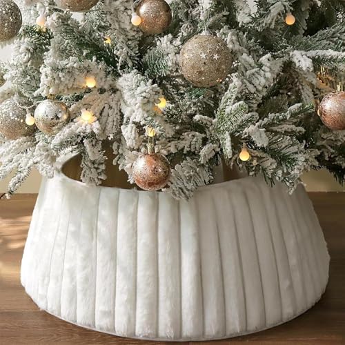 Cubierta para base de árbol de Navidad, collar redondo para árbol de Navidad, cuello sintético blanco, falda de árbol de Navidad, soporte de anillo de felpa para casa de campo, interior, vacaciones