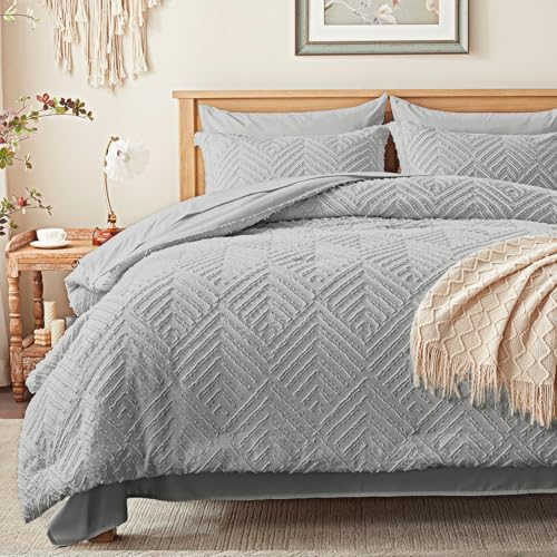 Image of Zzlpp King Comforter Set 7 Pieces, Light Grey Tufted Bed in a Bag with Comforter and Sheets, All Season Boho Bedding Sets with Comforter, 2 Pillow Shams, 2 Pillowcases, 1 Flat Sheet, 1 Fitted Sheet