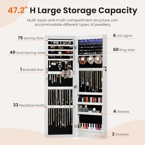 Sweetcrispy SSG-HJ3-001 6 Leds Jewelry Cabinet Organizer, 47.2-Inch Jewelry Armoire With Full-Length Mirror, Wall Or Door Mounted Jewelry Storage thumb #5