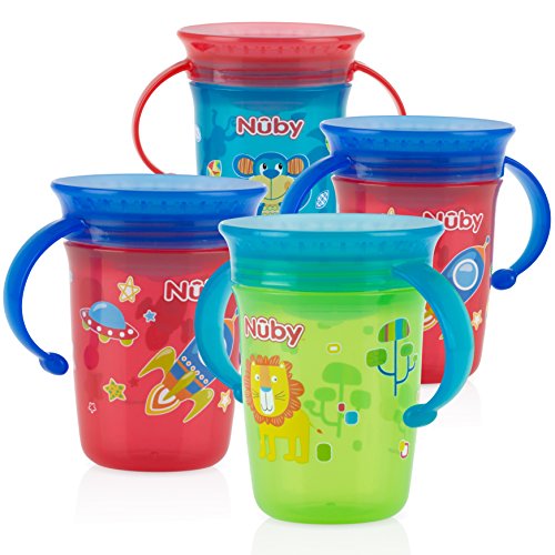 Nuby 4 Piece 360 Printed Twin Handle Wonder Cup, Red/Blue/Green