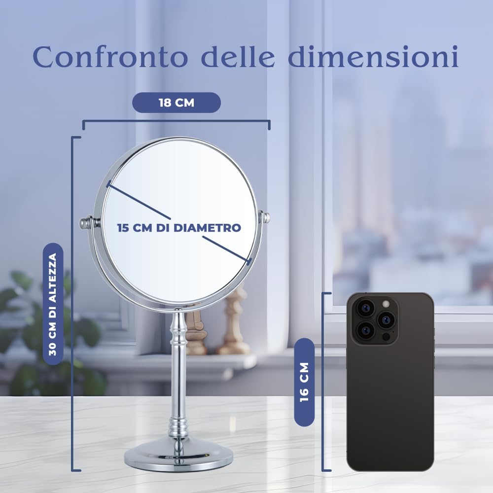 Mirrorvana specchio da tavolo per trucco con ingrandimento 15X e 1X, ideale per make up e toeletta da bagno, specchietto ingranditore 30 x 15 cm (cromo)