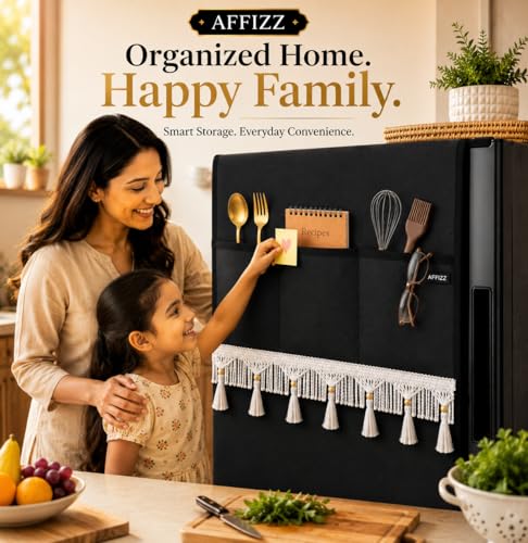 Image of Refrigerator Cover with 6 Storage Pockets | Waterproof & Dustproof Protective Fridge Top Cover | Washable Polyester Kitchen Organizer | 130 x 54 cm | Black