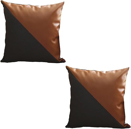 Miniatura 2 de Apolena Boho-Chic Juego de 2 fundas de almohada decorativas de piel sintética vegana sólida de 18 x 18 pulgadas, cuadrado marrón y negro para sofá,