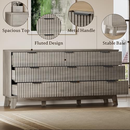 Image of BORNOON 63 inch Long Dresser for Bedroom, 9-Drawer Fluted Dresser, Extra-Wide Wood Chest of Drawers with Smooth Metal Slides, Stable Base, Modern Clothes Storage Cabinet for Living Room, Hallway, Nursery