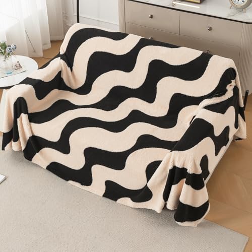 Image of HOKIPO Plush Sherpa Sofa Cover for 2 Seater Sofa | Thick Cozy Washable Sofa Throw | Full Protection Sofa Cover, 'Noirea Series' Wavy Stripe (180x250 cm) (AR-6652-D3)