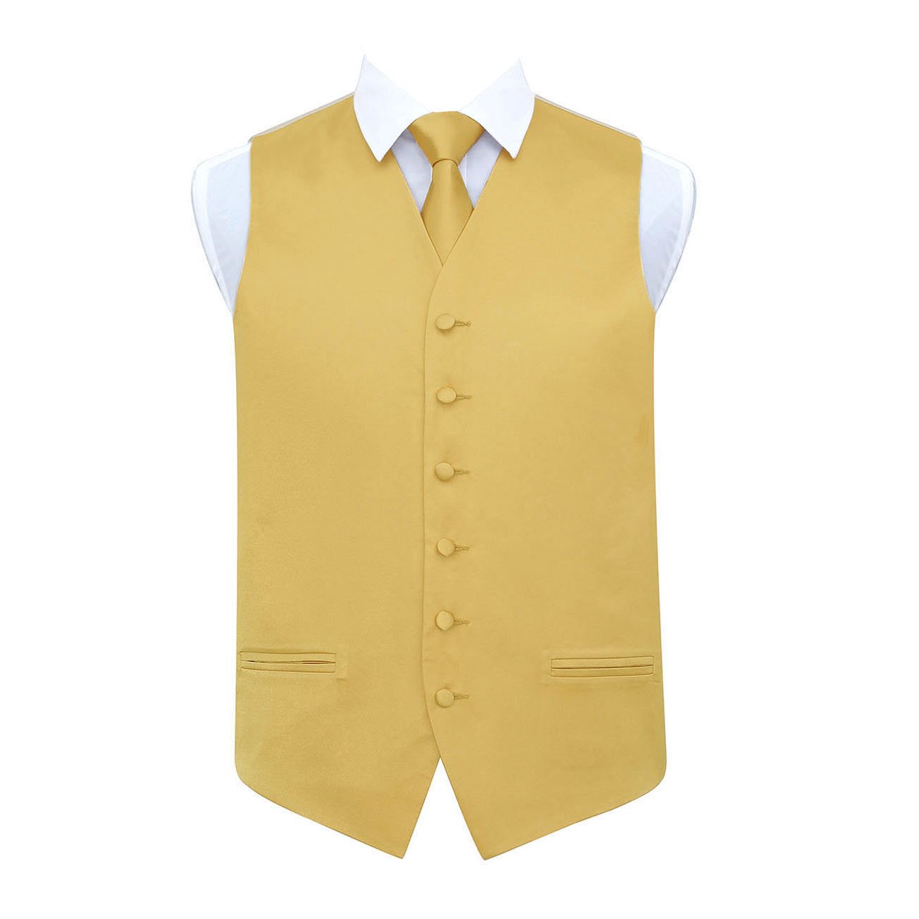 Dqt Men's Gold Plain Satin Waistcoat & Tie Set (2Pc) - Wedding, Business & Formal - 44" (2Xl)
