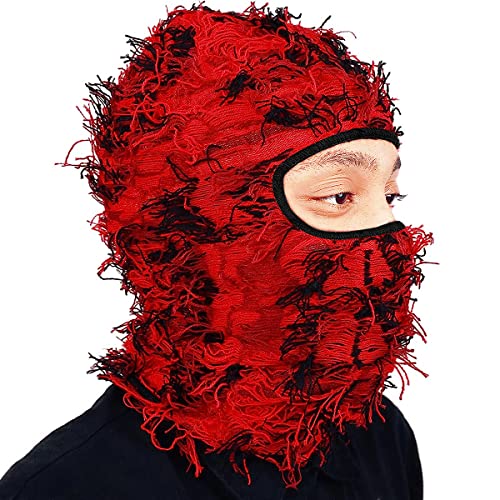 Balaclava Distressed Full Face Ski Mask - Winter Neck Warmer Knitted Face Cover For Men & Women | Yeat Inspired (Red) #TOP6