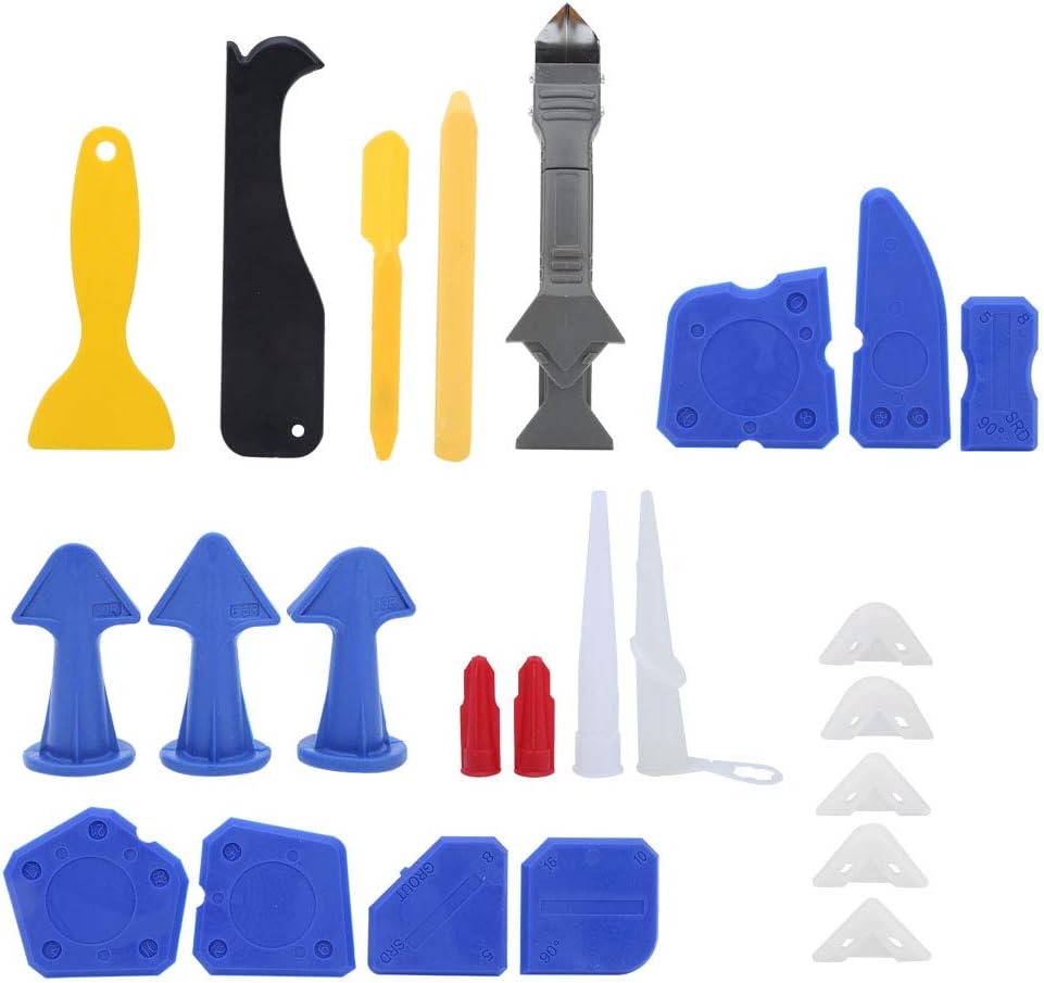 24 Piece Reusable Caulking Tool Kit with Nozzles Scrapers Sealant Finishers for Silicone Grout Paintable Caulk Application DIY Construction