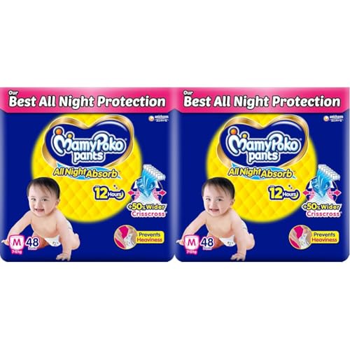 Image of Mamypoko pants All Night Absorb| Pant Style Baby Diapers Medium Size(M), total 96 Count, Ideal for 7-12Kgs|+50% wider and repeated absorption for all night 12hr protection from leakage, prevents heaviness (Pack of 2)