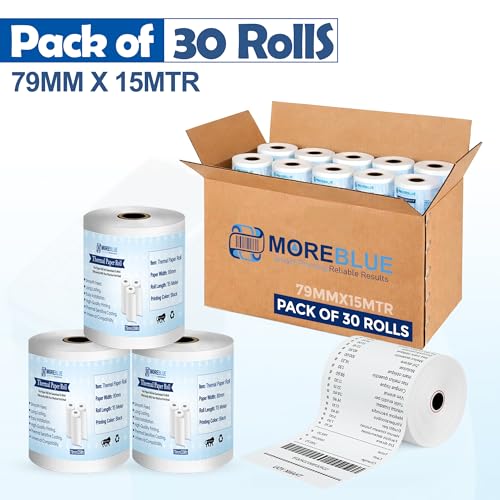 Image of MOREBLUE 79mm x 15m Pack of 30 POS White Thermal Paper Rolls, Smooth Print Billing Paper for POS Printer, Credit Card Machine & Petrol Pump Receipts