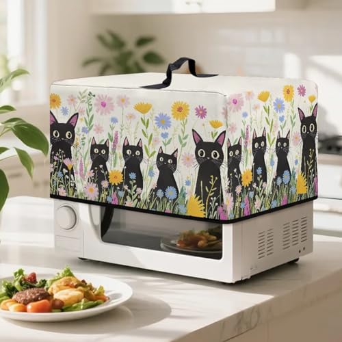 Image of Countertop Oven Cover Protective Toaster Oven Dust Cover Decorative Small Kitchen Appliance Protector for Countertop Decor, L, Cartoon Black Cat Daisy Flower