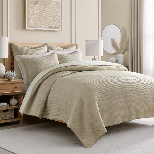 Photo 1 of Levtex Home Cross Stitch Reversible King/Cal King Quilt Set (106x92in) and 2 Pillow Shams (36x20in) - Stitch Texture - Taupe - Cotton King Size Quilt Bedding Set - Lightweight Soft Pre-Washed