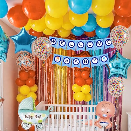 Image of 57 Pcs Welcome Baby Boy Decoration Kit | Balloons, Banner, Curtains, Foils, Stars, Hearts, Ribbon & Confetti for Baby Shower & Newborn Celebration Set 14