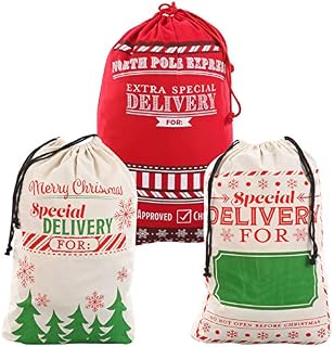 3 Christmas Gift Bags, Santa Burlap Sack with Drawstring 66cm x 48cm for Large Xmas Package Storage,Christmas Large Gift Bags