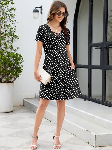 Image of KORSIS Women's Dresses Summer Casual T-Shirt Short Sleeve Criss Cross V Neck Swing Beach Vacation Sundress Dress with Pockets