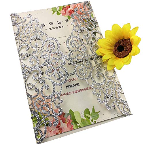50 Sets 250Gsm Silver Glitter Laser Cut Wedding Invitations Cards With Envelopes Inserts Birthday Greeting Invites Cards Bridal Shower 5X7 #TOP1