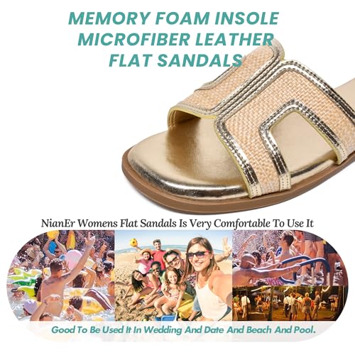 Image of NianEr Womens Microfiber Leather Memory Foam H Sandals Summer Shoes Slides | Flat, Comfortable, Slip On, Dressy, Dress, Beach, Vacation, Designer, Comfy, Casual, Bridal, Church, Boho, Office, Work
