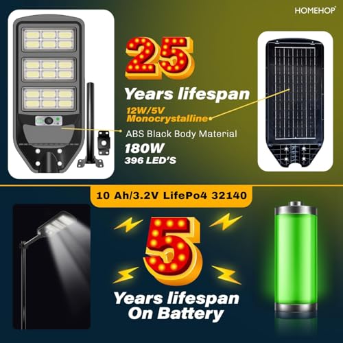 Image of Homehop Solar Light Outdoor Home Garden 180W Street LED Lamp Waterproof | Solar Street Light Outdoor Wall Automatic Motion Sensor Wireless for Yard, Patio, Road with Pole (10000mAh, Cool White, ABS)