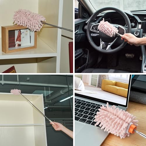 Image of Pink Retractable Microfiber Duster for Cleaning Extendable Feather Duster Household Cleaning Tool for Cleaning Car, Office, Window, Furniture