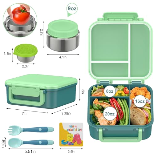 Image of Kids Bento Lunch Box with 9oz Soup Thermo Leakproof Lunch Food Containers 4 Compartment with Insulated Hot Food Jar for Kid Toddler Girls Boys to School, Trvael