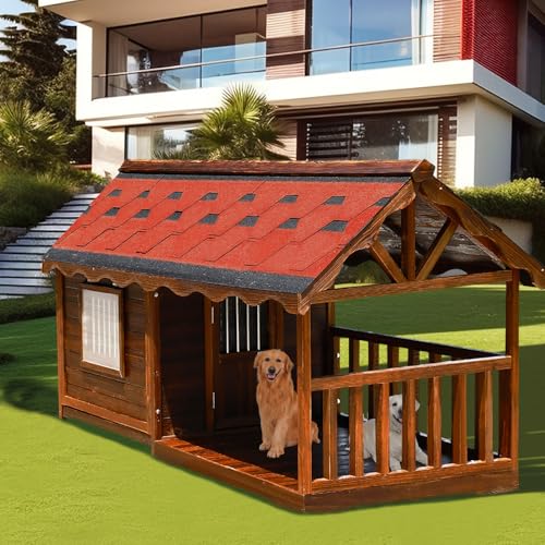Extra Large Dog House Outdoor Weatherproof, Solid Pine Wood Dog House for Large Dogs Outside, Luxury Pet House Waterproof, Big Dog House with Removable Floor and Gazebo, 4XL