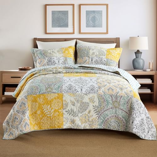 Secgo King Size Comforter Set- 100% Cotton Quilt King Size Set, Green, Sage bedspreads (96 * 108 Inch) with 2 Pillow Shams, Patchwork Reversible Lightweight Bedding