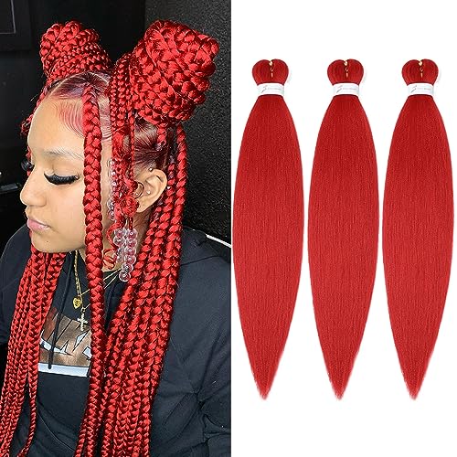 Umylar Red Braiding Hair Extensions 16 Inch Pre stretched Braiding Hair Hot Water Setting Synthetic Braiding Hair Pre Stretched Crochet Braids Hair(16 Inch,3 Packs,Red#）