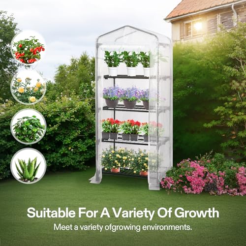 Image of VIVOSUN Mini 4-Tier Greenhouse with Wheels, 27 x 19 x 63-Inch Reusable Portable Warm House with White PE Cover and Shelf for Compact Garden and Small Backyards, with Wheels