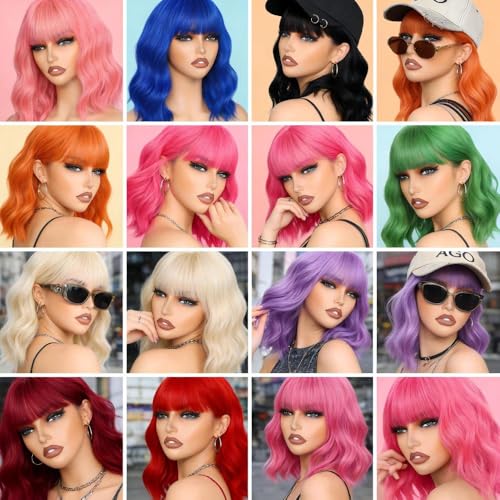 Image of AGO Orange Wig with Bangs Ginger Wigs Short Wavy Hair for Women Colorful Costume Wig Heat Resistant Fiber Wigs for Daily Party Halloween Cosplay Use(TF2202#Orange)